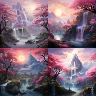 serene forest, enchanted waterfall, towering mountains, ethereal sunrise, blooming cherry blossoms