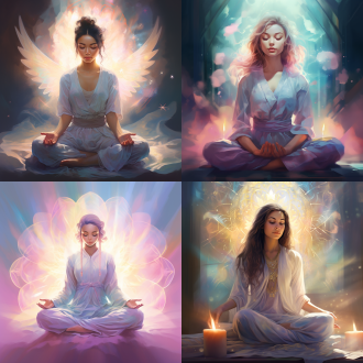 meditation, serene illustration,traditional clothing,glowing light beams,calm pastel colors,spiritual enlightenment,cartoon/illustrative style,symbols of wisdom,peaceful aura