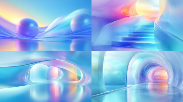 ue4 3d 渲染抽象几何图形，对称构图，干净通透，纯色背景，冷色调，特写镜头，顶光，简洁，科技感。