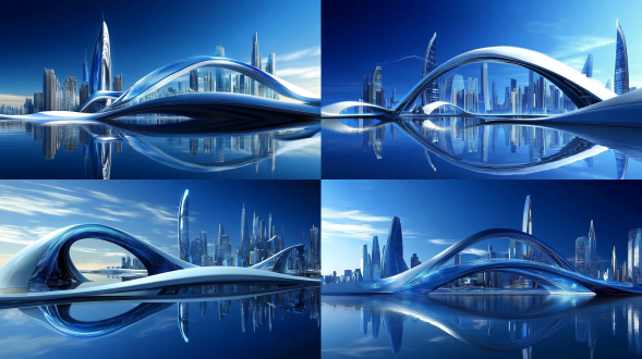 未来科技城市，科幻桥梁，科幻风，干净天空，湖面反射，