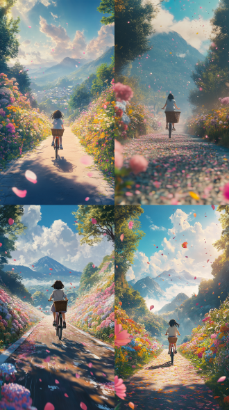 小女孩骑车前行，道路两侧鲜花五彩，远处云雾山脉，新海诚风，电影构图，广角，晨雾光晕，花瓣落筐，8k，超现实，清新。