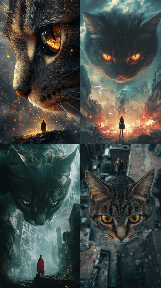 巨大猫头侧面俯视细小人类对望，三分法构图，都市废墟，长焦镜头，逆光，凝视，惊恐，写实风，暗冷色调。