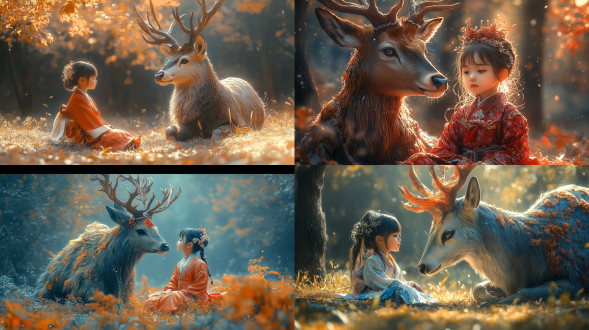超现实主义，穿汉服可爱小女孩坐巨大七色鹿旁，奇幻森林背景，三分构图，高清，暖光，长焦，柔和空灵，梦幻宁静。