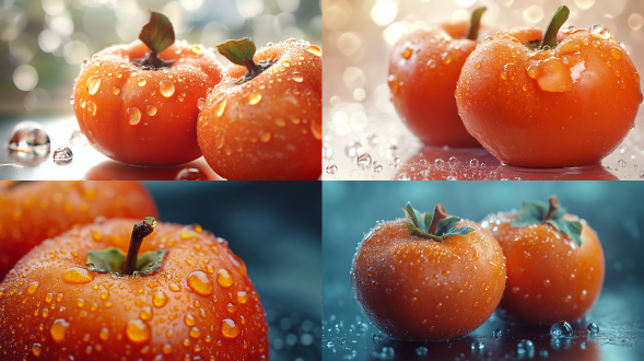 梦幻光彩柿子，带露珠半透明如玻璃果冻，极简背景，柔和光，特写镜头，超现实风格，梦幻宁静氛围。