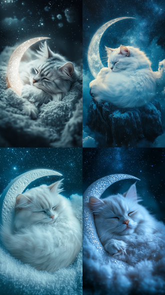 波斯猫蜷卧月牙，见环形山，星空银河背景，梦幻光，童话氛围，平衡构图，唯美超现实，长焦，柔光，安静，蓝白调。
