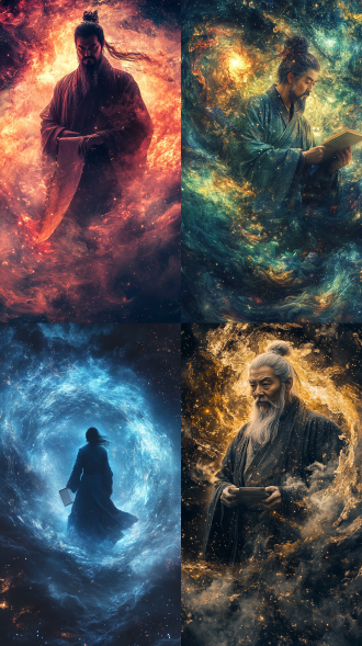 孔子于混沌透明宇宙星云漩涡中心隐约现身，身体半透明由星空组成，持竹简，中心构图，冷色调，鱼眼镜头，逆光，神秘氛围。