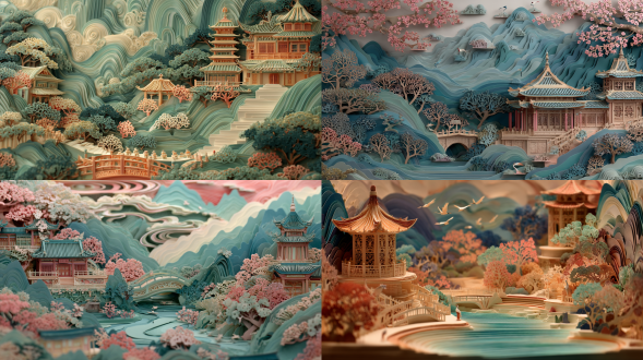 a mesmerizing 3d artwork epicting a tranquil chinese ancient scene and soft color,where colorful paper layers create a multi-dimensional landscape of serene mountains,winding rivers, and ancient pavilions,adorned with traditional motifs such as majestic mountains, and tranquil rivers, intricately carved with traditional motifs such as soaring cranes,blooming cherry blossoms, and intricate lattice work, the layers creating depth and dimension,the intricate layers casting captivating shadows and textures,, artwork,paper sculpture.