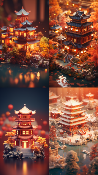 古风建筑微型景观，等距构图，3d渲染，红色背景，超可爱粘土世界，出色照明，北京风格，人物，树木，灯笼，新年氛围，模糊背景，暖色调。 吉卜力