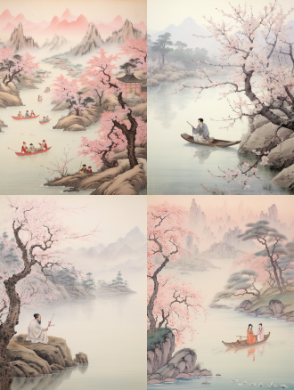 李白乘船，江面宽阔，晨雾缭绕，诗人手持酒壶，面带微笑，衣袂飘飘，古典汉服，长发披肩，眼神深邃，江岸桃花盛开，渔船点点，远山如黛，细腻笔触，国画风格，柔和光线，静谧氛围，诗意盎然，古典美，淡雅色彩，悠然自得。