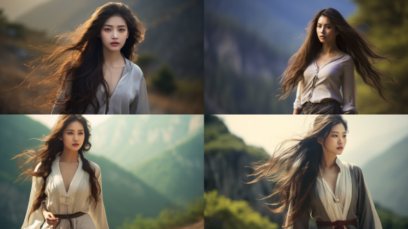 top chinese beauty strolling through the mountains, with long flowing hair, jeans, tall and slender figure, oval face, delicate features, big eyes, red lips, sweet smile, natural lighting, medium shot, shallow depth of field, warm tones, soft light, light steps, graceful posture.,,in clothes