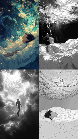 他沉浸于梦境与现实之间，床下是未知的深渊，床上则漂浮在宽广的大海上。他时而勇敢面对深渊的黑暗，时而飘摇在大海的波涛之中。终于越过深渊，他终于找到了那片属于自己的柔软大海。成长的路途中充满了挑战与探索，但他最终找到了自己的幸福与价值。