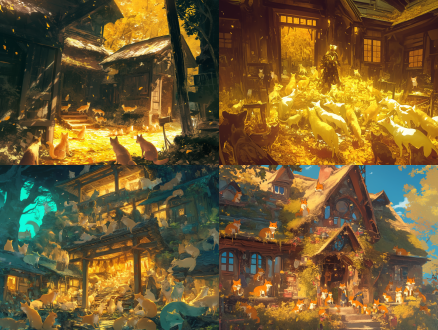 农家小院门口，黄皮子和狐狸密集跪拜，院子被围得水泄不通，它们像人一样朝拜，细节丰富，场景神秘，风格奇幻。广角镜头，低角度拍摄，自然光，慢快门，动态模糊，神秘，敬畏。