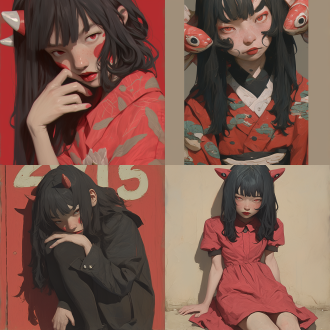 女孩古风黑发，红色调暗色系，无表情，年轻，半身像，侧光，高对比度，古风背景，长裙，细节丰富，沉静。