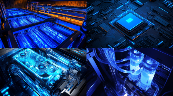 液冷散热服务器，在散热动行效率上降低运行温度，液冷散热水管布局呈现，芯片设计制造封装测试，智能计算，高吞吐量的新型计算模式，高效能、高吞吐量、低能耗和高稳定性，智能计算，冷色光感，蓝色柔和光线，未来科技感，大广角镜头，电影质感，8k高清渲染，细节丰富。