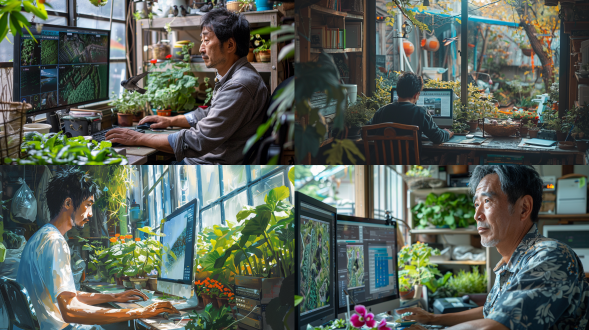 an excellent printmaking work. a 35-year-old young farmer is sitting in front of a computer. his right hand is holding a mouse, and his left hand is pressing the ctrl key on the keyboard. he is using ai planning software to design his old courtyard house in northeast style. the computer screen shows the effect picture of the northeast ecological ai intelligent courtyard. with a focused look, he is wearing a short-sleeved shirt. outside the large glass window is a rural courtyard. there are various vegetables growing in the yard, including bean racks. in the distance, the open gate of the courtyard, solar photovoltaic panels are installed on the roof. under the eaves of the gatehouse, there is a swallow's nest. a swallow is flying towards the nest. there are some swallows standing on the electric wire. petunias cover the courtyard wall. medium shot presentation. the picture work is full of distinct printmaking styles and characteristics. with skilled printmaking engraving techniques, it is delicate, with clear engraving marks and strong layering. the theme is distinct, and the composition is ingenious. four colors of blue, green, red, and black-gray are overprinted in sets, with strong contrast. the picture and scene are moving, with high artistic value and strong appeal. it should have distinct characteristics of printmaking engraving techniques, 8k picture quality, top-level printmaking art level, and rich details