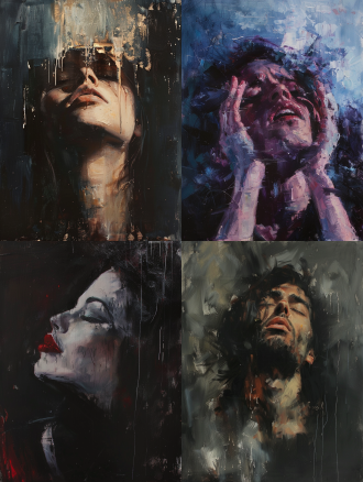 表现主义，油画，丙烯，当代艺术，艺术氛围，朦朦，灰暗，昏暗，荒诞，欢快，快乐，热烈，激情，梦幻，虚幻，光影交错，视觉冲击，4k高清，细腻笔触，视觉震撼，艺术感强。