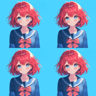 20岁红色长发大眼睛可爱少女，站立着穿蓝色水手服，动漫二次元风格，中心构图，明亮色调，正面光，柔和，甜美。