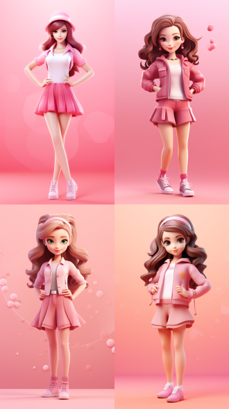 粉色背景，3d卡通风格女孩，全身微笑，自然看向镜头，精致脸部，夏季潮流时尚服装，泡泡玛特配色，由pop mart制作，光滑细腻黏土材料，辛烷值渲染，超细节8k，超清晰细节模型摄影，侧面构图，干净背景，明亮色彩，生动表情，细节丰富，数字艺术，创意设计，灯光效果，童真情感。