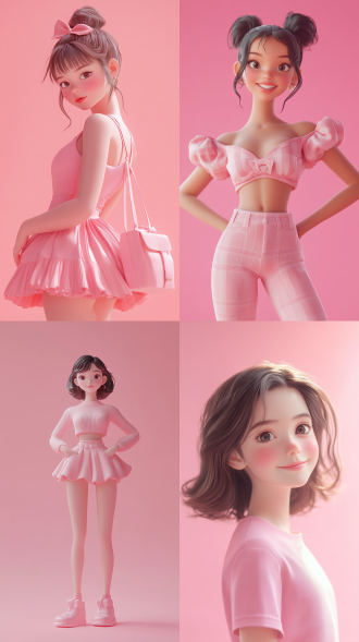 粉色背景，3d卡通风格女孩，全身微笑，自然看向镜头，精致脸部，夏季潮流时尚服装，泡泡玛特配色，由pop mart制作，光滑细腻黏土材料，oc渲染，超细节8k，超清晰细节模型摄影，侧面构图，干净背景，高饱和度，柔和光线，超现实，梦幻氛围，时尚感，可爱表情。