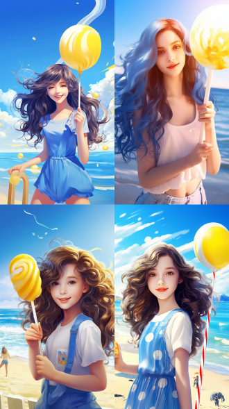 蓝色插画风格，长头发女孩，精致脸，手合蓝色棒冰，蓝色背心，微笑表情，海边背景，海报风格，高饱和度，明亮色调，宽广视角，柔和光线，自然元素，清新氛围。白黄态透明风格，c4d渲染，超清