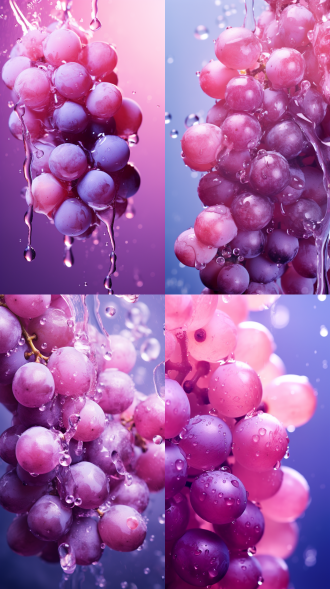 葡萄微距拍摄，浅紫色背景，半透明纹理，水花飞溅，华丽色彩，8k超高清，动漫美学，oc渲染器，特写镜头，柔和光线，动态模糊，鲜艳色彩，清新感。