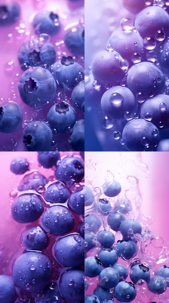 蓝莓微距，浅紫色背景，半透明纹理，水花飞溅，华丽色彩，8k超高清，动漫美学，oc渲染器，高细节，柔和光线，动态模糊，鲜艳色彩，梦幻氛围。