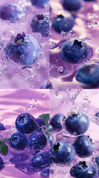 蓝莓微距，浅紫色背景，半透明纹理，水花飞溅，华丽色彩，8k超高清，动漫美学，近景，oc渲染器，细腻质感，柔和光线，动态模糊，鲜艳色彩，清新氛围。