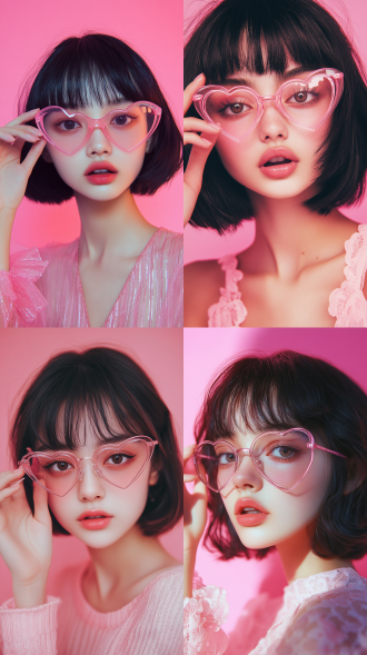 美丽少女，大眼睛长睫毛，黑色短发齐肩，粉色心型眼镜，左手触镜，粉色背景，半身近景，正面拍摄，海报风格，高饱和度，柔和光线，细节清晰，甜美表情，时尚感。