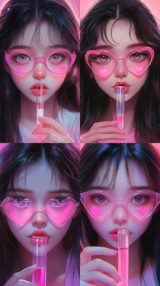 美丽少女，大眼睛长睫毛，黑色长发，粉色心型眼镜，左手试管，粉色实验室背景，半身近景，正面拍摄，手绘插画，超现实主义，多角度，梦幻色彩，专注表情，科学氛围，创意构图。