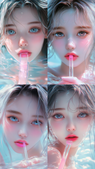 美丽的少女，大眼睛，长睫毛，白色长发，浅蓝色水中，水面波光粼粼，超细节脸庞，面色白皙，侧面拍摄，手绘插画，梦幻色彩，专注表情，创意想象力构图，水下摄影，柔和光线，细腻肌肤，超现实风格，艺术插画，水波纹理，梦幻氛围，超细节描绘，白色与蓝色调，宁静美感。