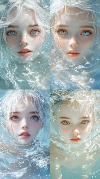 美丽的少女，大眼睛，长睫毛，白色长发，浅蓝色水中，脸部露出，从水中浮出，超细节脸庞，面色白皙，底视图拍摄，手绘插画，柔和光线，梦幻色彩，想象力构图，水中倒影，细腻肌肤，温柔表情，水波纹理，梦幻氛围，超现实感。