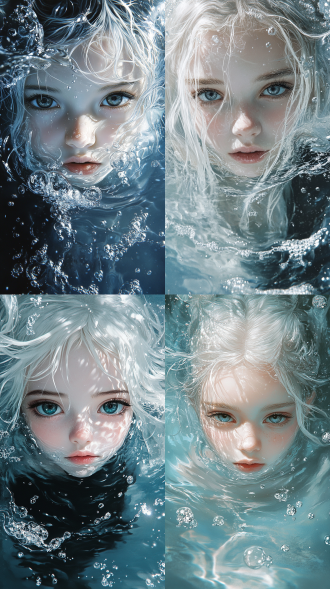 美丽的少女，大眼睛，长睫毛，白色长发，身着黑色衣服，在蓝色水中，脸部露出，从水中浮出，四周波光淋漓，超细节脸庞，面色白皙，面带妆容，底视图拍摄，手绘财铅插画，柔和光线，梦幻色彩，想象力构图，水中倒影，水波纹理，梦幻氛围，超现实感。
