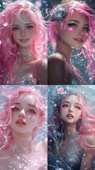 女孩微笑，宇宙眼，精致五官，粉红发舞，未来华丽装，银头饰，发飘逸，彩带花浮水，水滴溅，彩粒爆，高分辨率，超细插图，杰作着色，专业艺术，8k高清。