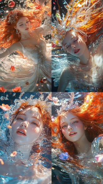 女孩笑容，宇宙眼，精致五官，金红发舞动，未来华丽服装，银头饰，飘逸发，彩色丝带花朵水面漂浮，水滴飞溅，超高清，超细，8k，高分辨率，色彩鲜艳，水景，动态捕捉，光影交错，梦幻氛围。