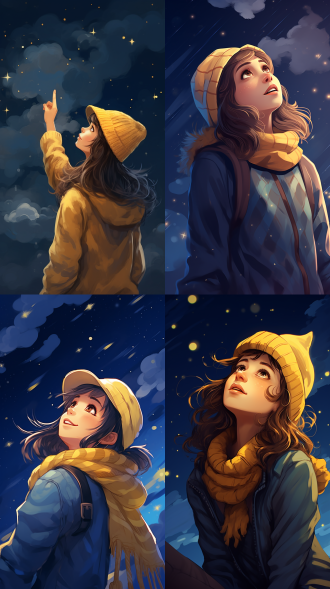 少女仰望星空，黄色毛线帽，蓝色背带牛仔裤，手绘插画，夜晚星空，指尖触梦，色彩过渡，宇宙五彩斑斓，高清8k，仰视角度，柔和光线，梦幻氛围，星空细节，手势轻柔，仰视，插画风格，夜晚，色彩丰富，8k分辨率，柔和光，梦幻，星空细节，轻柔手势。