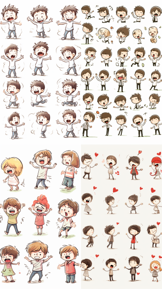 愤怒、快乐、愤怒、卖弄风情表达爱意等，漫画线条大胆，可爱风格，火柴人风格，动态姿势，白色背景，f/64小组，相关性格，老梗核，粉笔风格，3:4比例，250风格强度，niji 5，400风格，可爱风格。