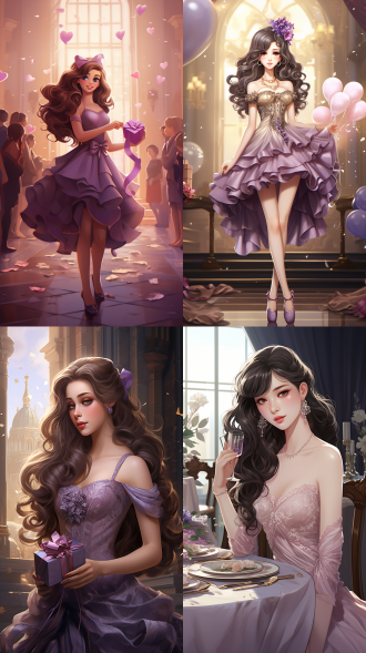 动漫女孩，长波浪黑棕色头发，蝴蝶结头饰，紫色眼睛，淡淡红晕，粉红蕾丝连衣裙，紫色高跟鞋，华丽宴会背景，热闹气氛，甜美可爱，全身特写，精致妆容，清晰面部特征，原色，电影效果，写实风格，高清画质，超详细，高分辨率，细节强化。