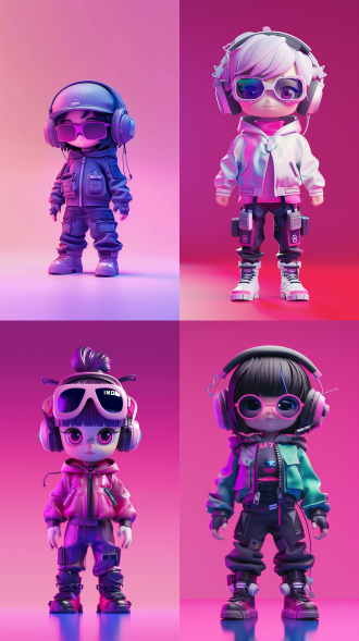 chibi女孩，全身，盲盒玩具，泡泡玛特，高清晰树脂玩具，可爱动漫赛博朋克风格，站立，深紫与紫红渐变，深粉渐变设计，头戴耳机，高科技眼镜，短发，穿风衣，工字背心与工装裤，高帮靴，纯色背景，c4d，blender，4k，最佳质量，超精细。