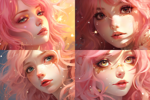 粉红发金眼女孩特写，长睫毛，金星星眼睑装饰，微红唇，手抚脸，修长指甲，柔和色彩，超现实肖像，幻想插图，空灵背景，卡通设计，宝达达，梦幻世界，数字艺术，幻想风格，高分辨率，细节笔触，柔和光线，梦幻氛围，超现实风格，幻想元素，卡通特征，数字绘图，高清晰度，细腻笔触。