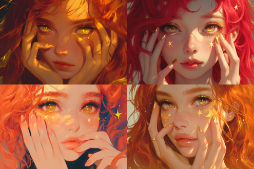 红发金眼女孩特写，长睫毛，金色星星眼睑装饰，微红唇，纤细手指抚脸，长美甲，柔和色彩，超现实肖像，幻想插图，空灵卡通背景，数字艺术，高分辨率，细节笔触，幻想风格。