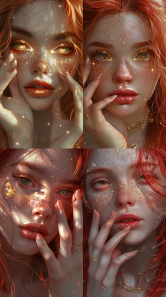 红发金眼女孩特写，长睫毛，金色星星眼睑，微红唇，细手指抚脸，长指甲，柔和色彩，超现实肖像，幻想插图，空灵背景，卡通设计，数字艺术，幻想风格，高分辨率，细节笔触。