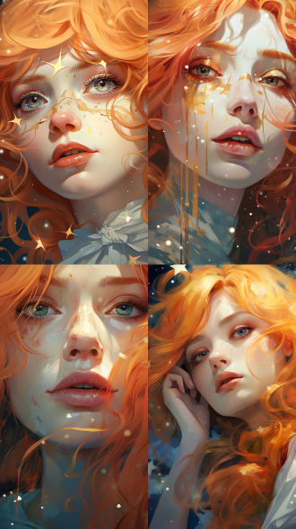 红发金发碧眼女孩特写，长睫毛，金色星星眼睑装饰，微红唇，手抚脸，细长指甲，柔和色彩，超现实肖像，幻想插图，空灵背景，卡通设计，数字艺术，幻想风格，高分辨率，细节笔触。