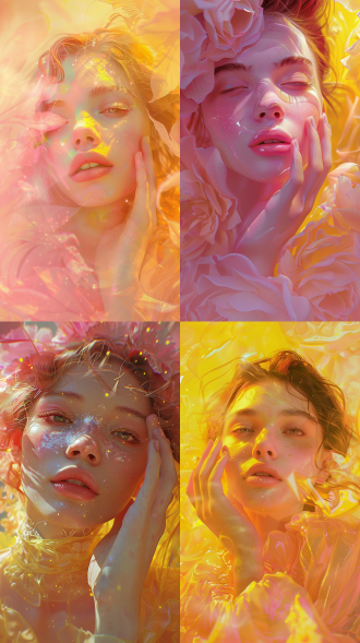 美丽的女人，粉红色和黄色，柔和的色调，金色光环，手放脸上，超现实，梦幻，详细面部特征，詹姆斯·吉恩风格，数字插图，宽镜头，高分辨率，柔和光线，梦幻氛围，超现实元素，高细节，艺术感。