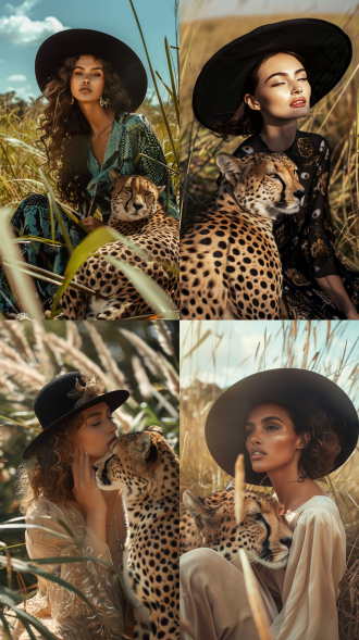 模特与猎豹，热带稀树草原，丝绸连衣裙，黑色帽子，vogue风格，广角镜头，自然光，柔和色调，优雅姿态，和谐共处，时尚杂志社论。