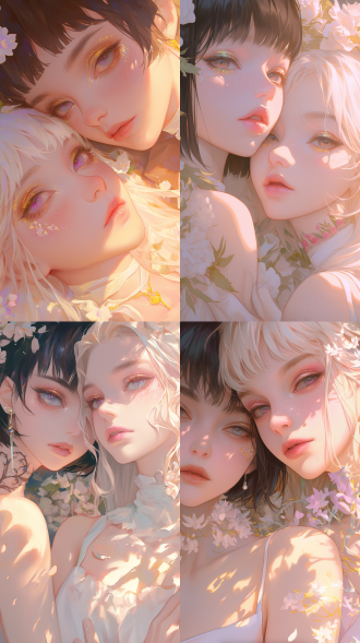 两位美丽年轻女子，闪亮大眼睛，长长睫毛，金色眼影，粉色口红，脖子纹身，黑色短发与金发碧眼，白色刘海，柔和花朵背景，动漫美学风格，柔和色彩，明暗对照木刻版画，特写，高光，细腻肌肤，时尚妆容，艺术感，梦幻氛围，亲密姿态，自然光线，细节丰富，情感表达。