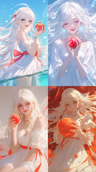 白发女孩手持葡萄柚，长发飘逸，笑容灿烂，超高清画质，柔和色彩，超现实肖像，幻想插图，空灵背景，卡通设计，数字艺术，幻想风格，高分辨率，细腻笔触，快乐表情，柔和光线，梦幻氛围。