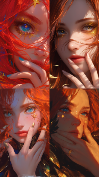 红发女孩特写，金发碧眼，长睫毛，金色星星眼睑装饰，微红唇，纤细手指抚脸，长指甲，柔和色彩，超现实肖像，幻想插图，空灵背景，卡通设计，数字艺术，幻想风格，高分辨率，细节笔触。