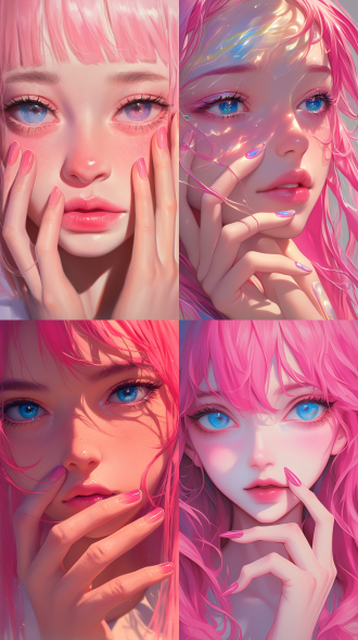 粉色头发女孩特写，金发碧眼，长睫毛，粉唇，手抚脸，细指长甲，柔和色彩，超现实肖像，幻想插图，空灵背景，卡通设计，数字艺术，幻想风格，高分辨率，细节笔触。