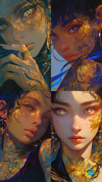 大眼睛纹身女人特写，超现实主义细节风格，詹姆斯·吉恩，虹彩灯光，金色珠宝，黄色皮肤，近距离拍摄，柔和光线，细腻笔触，梦幻氛围，神秘表情。