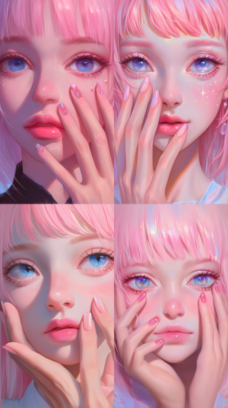 粉色头发女孩特写，金发碧眼，长睫毛，粉唇，手抚脸，细指长甲，柔和色彩，超现实肖像，幻想插图，空灵背景，卡通设计，数字艺术，幻想风格，高分辨率，细节笔触。